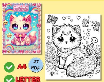 Kawaii Kitten Printable Coloring Book Cute Cats for Kids & Adults, Easy Kawaii Cat Coloring Pages, Kawaii Kitten Printable Coloring Book