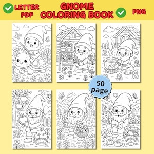 Gnome Coloring Pages – Cute Gnome Coloring Book PDF + PNG, Fantasy Gnome Digital Download, Whimsical Garden Gnomes, Kids & Adults Coloring