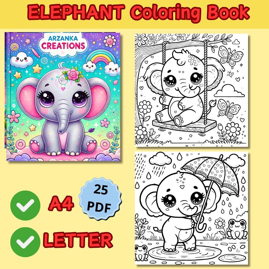 Cute Elephant Coloring Pages, Kawaii Elephant Coloring Book, Baby ...