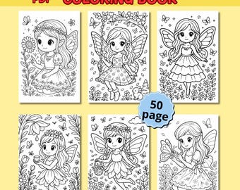 May include: A collection of six black and white fairy-themed coloring book pages. The pages feature illustrations of fairies with wings, flowers, and butterflies. The text "FAIRY vol 2 PDF COLORING BOOK" is at the top, with "50 page" in the center.