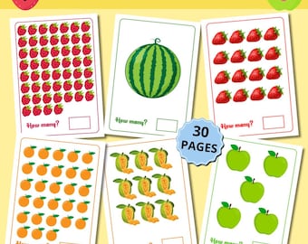 Scheda di lavoro sul conteggio della frutta, stampabile di matematica Montessori, conteggio dei numeri con la frutta, scheda di lavoro di matematica per la scuola materna, conteggio per la scuola materna, pre-K