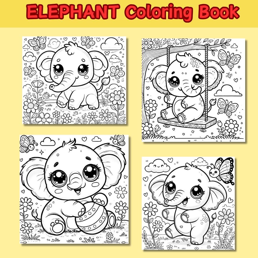 Cute Elephant Coloring Pages, Kawaii Elephant Coloring Book, Baby ...