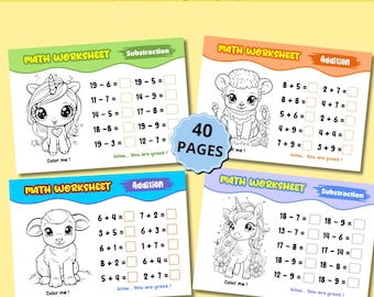 Werkbladen optellen, werkbladen aftrekken, wiskundige printables, rekenbladen voor kinderen, wiskunde voorschoolse, wiskunde kleuterschool, kinderen leren wiskunde