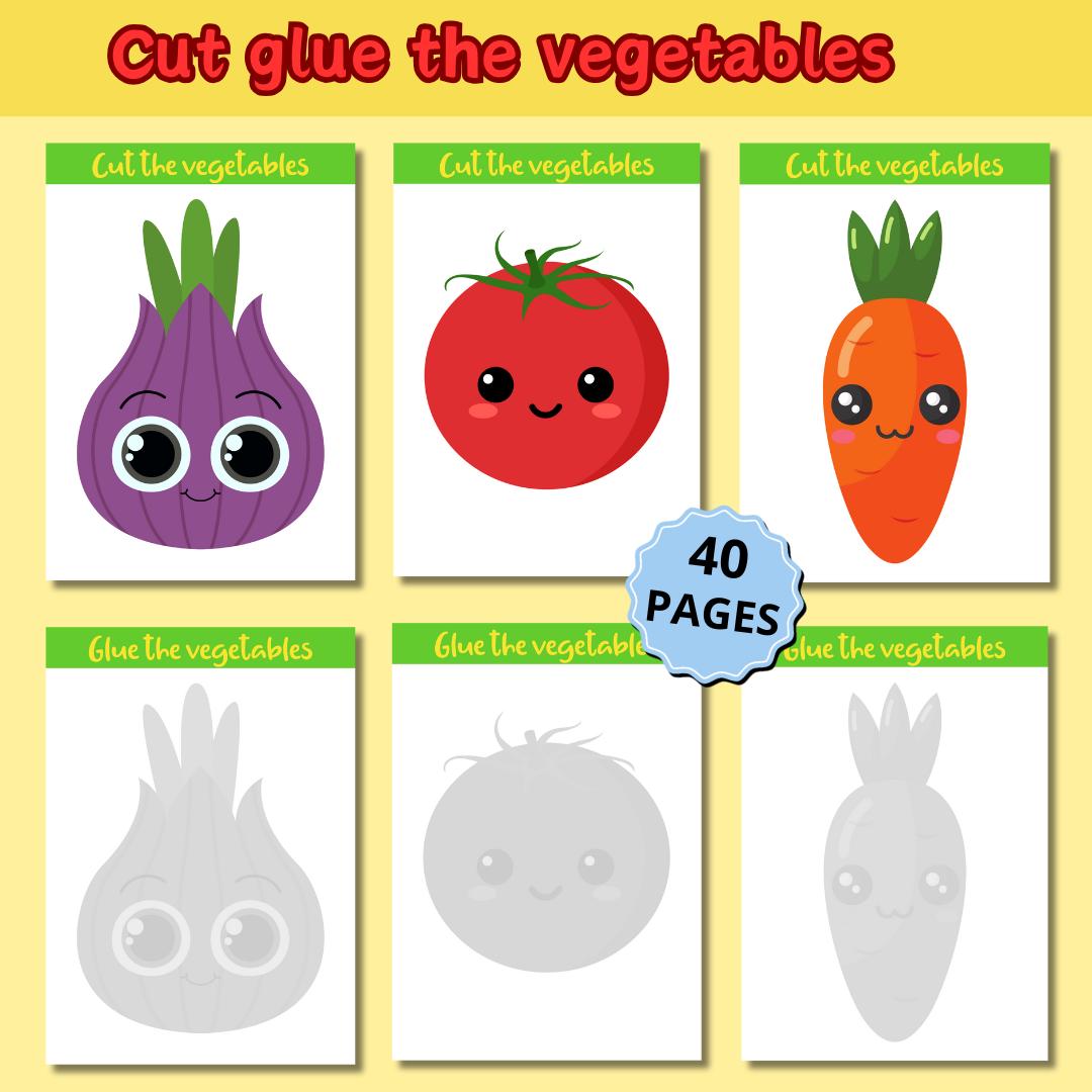 Cut and glue vegetables worksheet, Printable vegetable craft for kids, Scissor skills vegetable worksheet, DIY vegetable paper craft