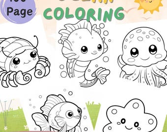 May include: An Ocean Coloring book cover with the text "Ocean Coloring" in yellow and green. The cover features line art illustrations of a crab, fish, octopus, and other sea creatures. The text "100 Page" is in a purple circle.