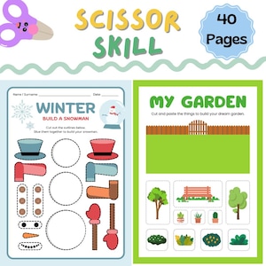 May include: A children's activity book with the words "SCISSOR SKILL" and "40 Pages". The book features pages for cutting and pasting, including a winter-themed snowman and a garden scene. Includes a pair of purple scissors.