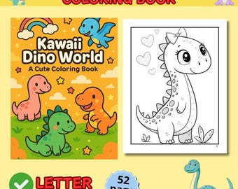 May include: A "Kawaii Dino World" coloring book with a cover featuring cartoon dinosaurs, a rainbow, and stars. The book includes a 52-page count and is letter-sized. The right page shows a black and white dinosaur illustration.
