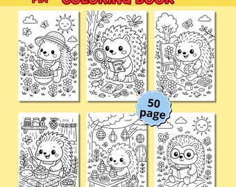 50 libros para colorear de erizos, páginas de erizos kawaii, animales lindos para colorear, libro para colorear para niños, erizos del bosque para colorear, arte lineal de erizos