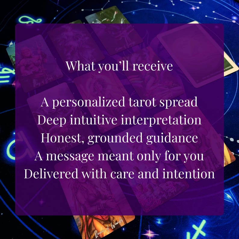 a purple background with a collage of tarot cards and astrological symbols. The text on the image provides information about tarot cards and astrological signs, including the idea of receiving a personalized tarot spread, a deep intuitive interpretation, and a message meant only for the receiver.