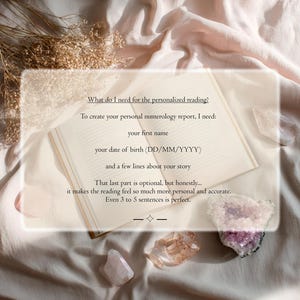 May include: An open book with text requesting a first name, date of birth, and personal story for a numerology report. The book is surrounded by dried flowers and several raw crystals, including a large amethyst cluster, on a soft fabric.