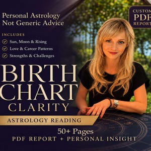 May include: A digital astrology reading service titled Birth Chart Clarity. The text includes Personal Astrology Not Generic Advice, Custom PDF Report, and 50+ Pages. It lists features like Sun, Moon & Rising, Love & Career Patterns, and Strengths & Challenges.