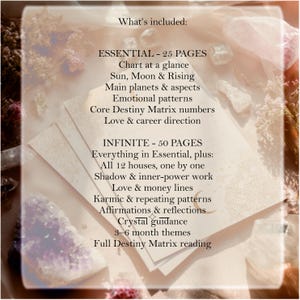 May include: A stack of off-white paper sheets featuring printed text detailing two options: ESSENTIAL - 25 PAGES, including chart at a glance, sun, moon, rising, planets, aspects, emotional patterns, destiny matrix numbers, love and career; and INFINITE - 50 PAGES.