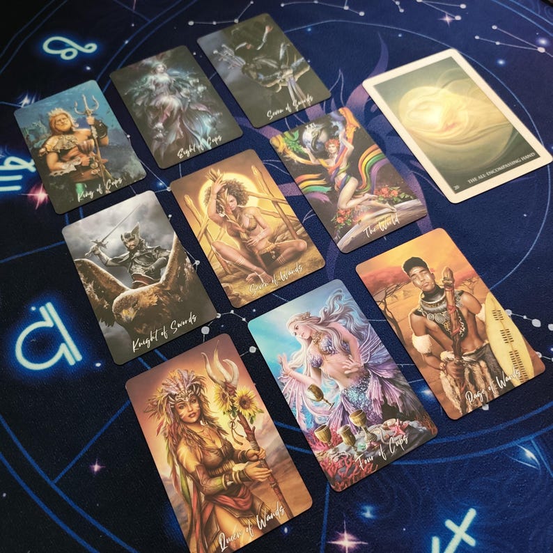 a collection of tarot cards and a fortune teller card arranged on a starry background.