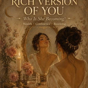 Könnte beinhalten: Ein künstlerisches Bild zeigt eine Frau, die in einen goldenen Spiegel blickt. Der Text "THE RICH VERSION OF YOU" und "Who Is She Becoming?" sind zu sehen. Die Szene umfasst Blumen, eine brennende Kerze und Tarotkarten.