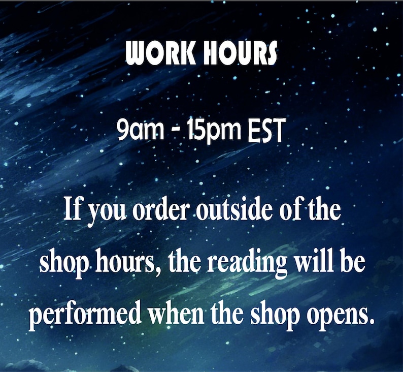 a night sky with stars, and it contains text that provides information about work hours.