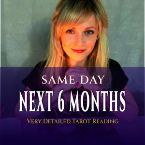 May include: A woman with blonde hair and blue eyes, wearing a black top, is the focal point of this image. Text overlay reads "SAME DAY NEXT 6 MONTHS VERY DETAILED TAROT READING" in white and gold.