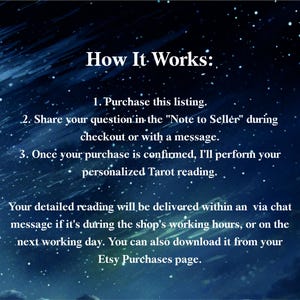 The image is a text-based representation of a product listing on Etsy, with a starry night sky background. The text provides step-by-step instructions on how the product works, including purchasing, sharing a question, and personalized Tarot reading. The text also mentions that the detailed reading will be delivered via chat or email, and that it can be accessed on the Etsy Purchases page.