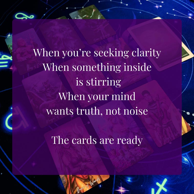 a quote about seeking clarity and finding the truth within oneself, along with a background of tarot cards. The quote is written in white text against a purple background, and the tarot cards are visible in the background.