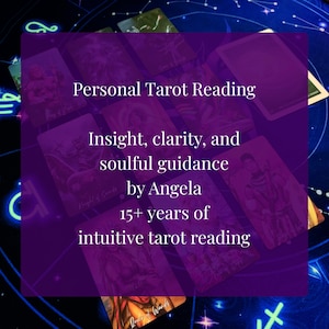 The image is a collage of various tarot cards, with a purple background and a starry night sky visible in the background.