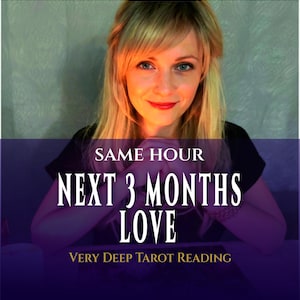May include: A woman with blonde hair and blue eyes is centered in the image. Text on a purple banner reads "SAME HOUR NEXT 3 MONTHS LOVE VERY DEEP TAROT READING". The background is a light gray.