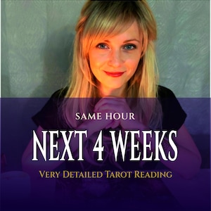 May include: Image of a woman with blonde hair and blue eyes, with text that reads "SAME HOUR NEXT 4 WEEKS VERY DETAILED TAROT READING". The image has a purple and blue gradient background.