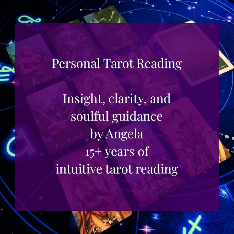 The image is a collage of various tarot cards, with a purple background and a starry night sky visible in the background.