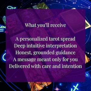 a purple background with a collage of tarot cards and astrological symbols. The text on the image provides information about tarot cards and astrological signs, including the idea of receiving a personalized tarot spread, a deep intuitive interpretation, and a message meant only for the receiver.