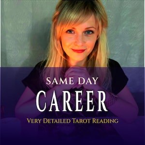 May include: A woman with blonde hair and blue eyes smiles at the camera. The image features text: "SAME DAY CAREER VERY DETAILED TAROT READING" on a purple banner. She wears a black top.