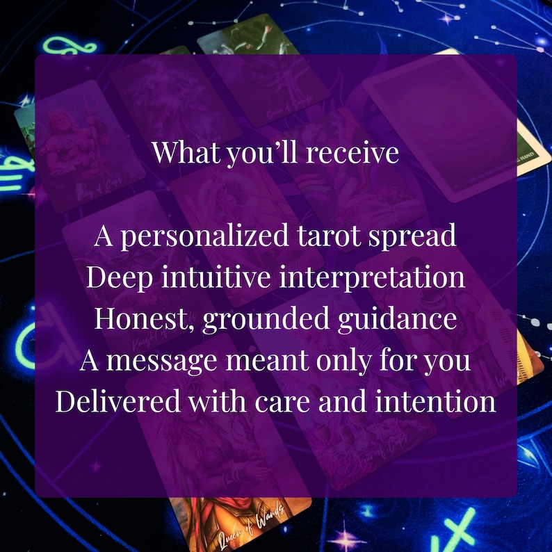 a purple background with a collage of tarot cards and astrological symbols. The text on the image provides information about tarot cards and astrological signs, including the idea of receiving a personalized tarot spread, a deep intuitive interpretation, and a message meant only for the receiver.