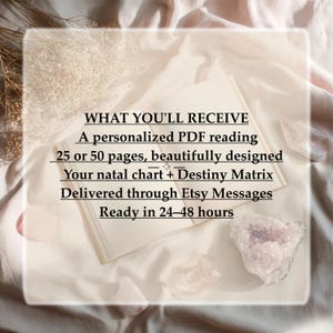 May include: An open book with black text that reads: WHAT YOU'LL RECEIVE, A personalized PDF reading, 25 or 50 pages, beautifully designed, Your natal chart + Destiny Matrix, Delivered through Etsy Messages, Ready in 24-48 hours.