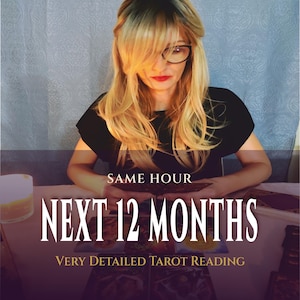 May include: A woman with blonde hair and glasses is looking down at tarot cards. The text on the image reads "SAME HOUR NEXT 12 MONTHS VERY DETAILED TAROT READING". A lit candle is visible on the left.
