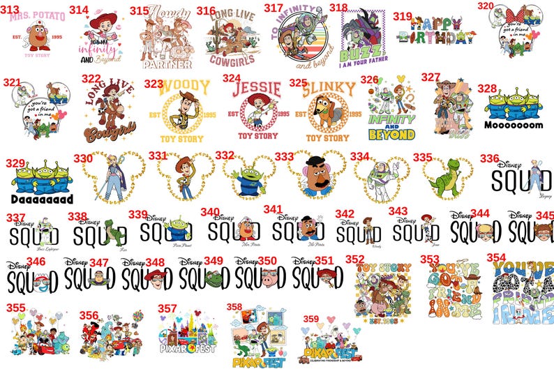 May include: A collection of Disney-themed graphic designs featuring characters from Toy Story, Frozen, and other Disney movies. Designs include character illustrations, text like "Happy Birthday," and the word "Squad."