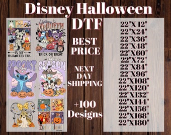 May include: A collage of nine colourful images featuring Disney characters celebrating Halloween. The images include Stitch, Mickey Mouse, Minnie Mouse, and Lightning McQueen. The text "Disney Halloween" is at the top of the image. The text "DTF BEST PRICE NEXT DAY SHIPPING +100 Designs" is on the right side of the image. The text "22"X12" 22"X24" 22"X36" 22"X48" 22"X60" 22"X72" 22"X84" 22"X96" 22"X108" 22"X120" 22"X132" 22"X144" 22"X156" 22"X168" 22"X180" is on the right side of the image.