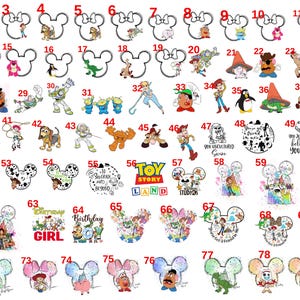 May include: A collection of various character-themed Mickey Mouse head-shaped designs. The designs feature characters from Toy Story, Disney princesses, and other animated figures. The images are in various colors and styles, suitable for crafting or accessories.