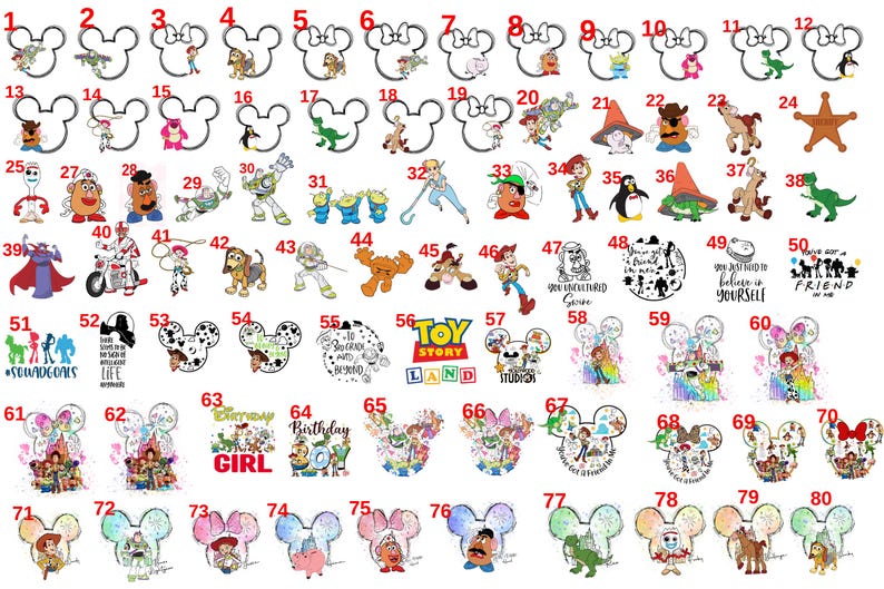 May include: A collection of various character-themed Mickey Mouse head-shaped designs. The designs feature characters from Toy Story, Disney princesses, and other animated figures. The images are in various colors and styles, suitable for crafting or accessories.