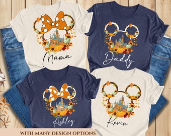 Cute Disney Castle Thanksgiving Couple Shirt, Mickey Minnie Fall Leaves Pumpkin Matching Tee, Disneyland Autumn Gift, Halloween Family Trip.
