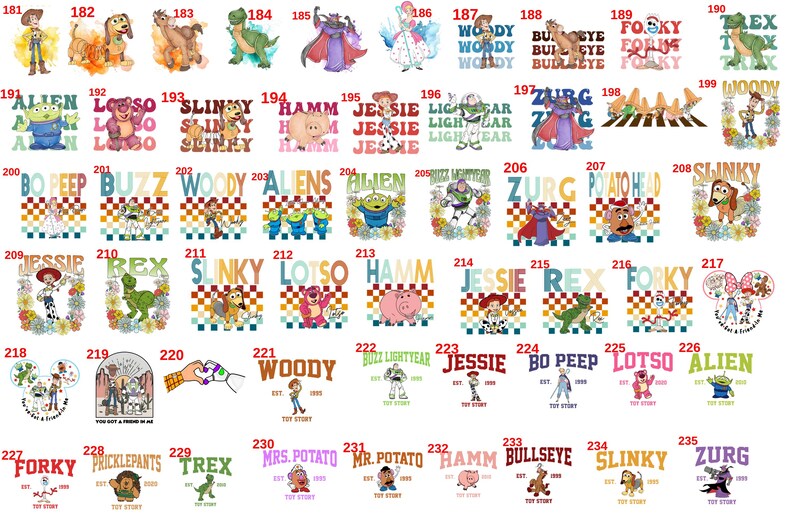 May include: A collection of graphic designs featuring characters from the animated film Toy Story. The designs include characters like Woody, Buzz Lightyear, and others, with text overlays. The designs are on a white background.
