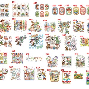 May include: A collection of various Toy Story themed stickers and decals. The designs feature characters like Woody, Buzz Lightyear, and others, in various shapes and sizes. Some include text like "You've Got a Friend in Me."