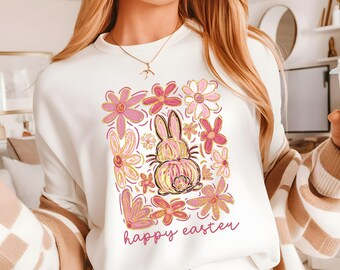 Happy Easter Bunny Shirt, Boho Easter Sweatshirts, Glitter Easter Coquette Shirts, Retro Easter Shirts, Floral Spring Tee, Girls Pink Easter