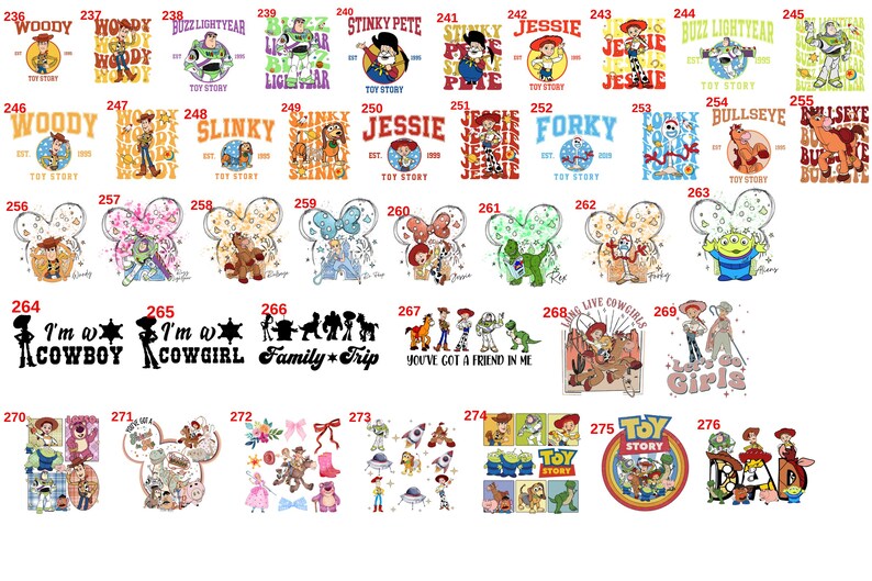 May include: A collection of various Toy Story-themed designs. The designs include characters like Woody, Buzz Lightyear, Jessie, and others, along with text such as "Toy Story" and character names. The designs are in various styles, including cartoon and vintage.