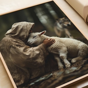 Może przedstawiać: Oprawiony wydruk przedstawia osobę w kapturze obejmującą białego baranka. Wilk jest rozmyty w tle. Grafika ma ciepłą, ziemistą paletę kolorów, skupiając się na więzi między postaciami.