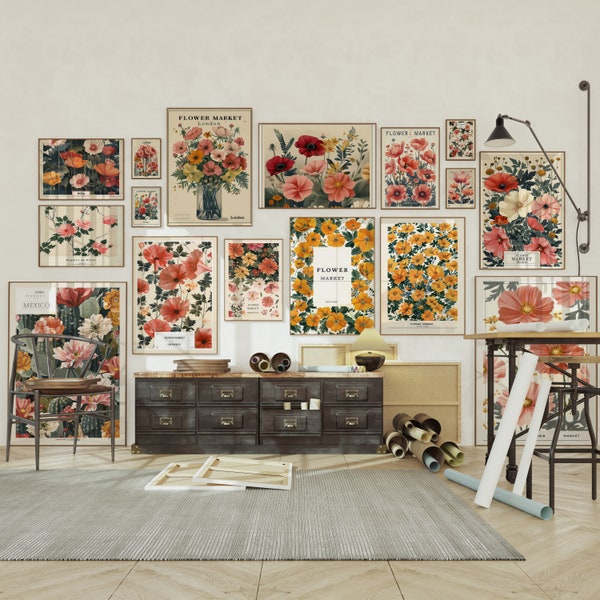 Flower Gallery Wall Ensemble,Vintage Art,Botanical Blossom Prints,Stylish Floral Posters, , 16-Piece Art Compilation, DIGITAL DOWNLOAD / a13