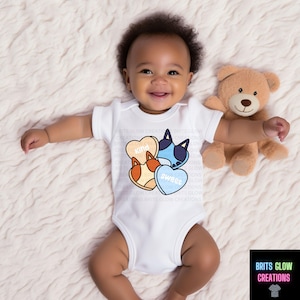 blue dog, cartoon animal, valentines day, infant clothes, baby clothes, toddler, baby onesie, pooh bear, friends, Disney, Disneyland, bluey