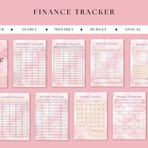 Op de afbeelding: Een printbare financiële tracker met een roze marmerachtergrond. De tracker bevat pagina's voor budgetteren, sparen, schulden, inkomsten en meer.
