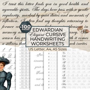 Könnte beinhalten: Edwardianische Schreibschrift-Arbeitsblätter mit über 100 Seiten, erhältlich in den Formaten US Letter, A4 und A5. Das Bild zeigt Beispiele für elegante Schreibübungen zur Verbesserung der Handschrift.