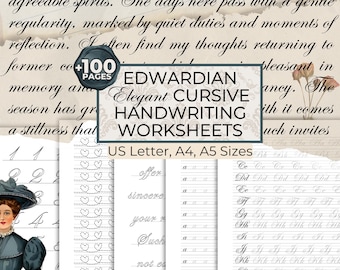 Edwardian Elegant Cursive Handwriting Practice Worksheets, Printable Vintage Cursive Calligraphy