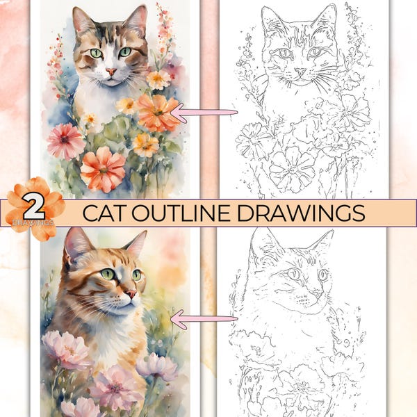 Kattkonturteckningar för målning, akvarellteckningskonturer, kattmålarbild, spårbar utskrivbar mall