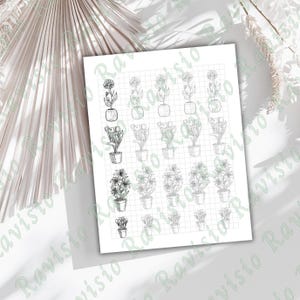 May include: A white sheet featuring multiple line drawings of potted plants. The black ink drawings depict various flowers and foliage. The paper has a grid pattern and is set against a neutral background, with soft shadows.