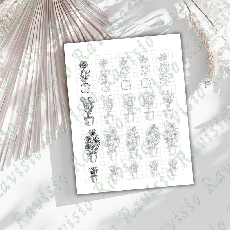 May include: A white sheet featuring multiple line drawings of potted plants. The black ink drawings depict various flowers and foliage. The paper has a grid pattern and is set against a neutral background, with soft shadows.