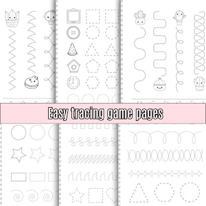 May include: Black and white printable tracing game pages for kids. The pages feature various shapes, lines, and simple illustrations like a cactus, a clock, a watermelon, and a bunny.